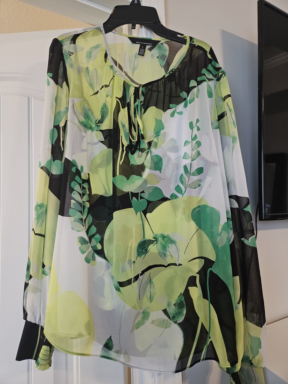 White House Black Market Green Floral Sheer Tie-Neck Blouse